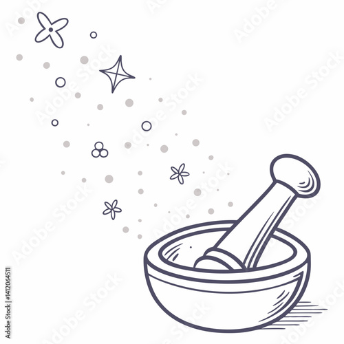 Hand Drawn Mortar And Pestle With Magical Elements Illustration