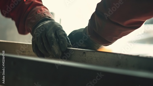 Construction worker securing a roof beam at a site. Featuring focus and stability
