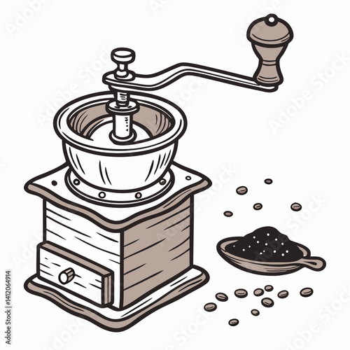 Classic Coffee Grinder Illustration With Coffee Beans And Ground Coffee Spoon