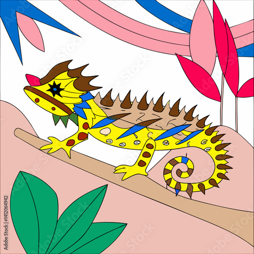 Colorful full-body illustration of the Thorny Devil, a spiky Australian lizard with unique textures and vibrant details.