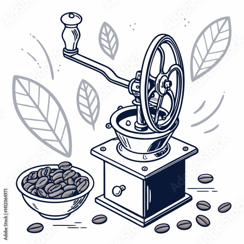 Vector Illustration Of Manual Coffee Grinder With Beans And Leaves Isolated