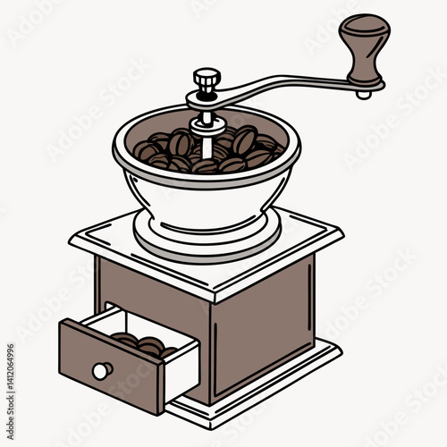 Illustration Of A Manual Coffee Grinder Filled With Coffee Beans Ready To Grind