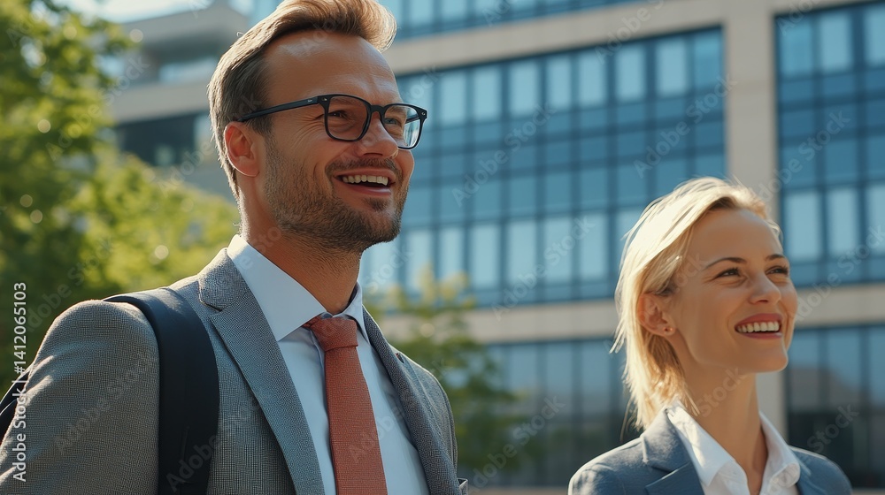 A businessman and a woman are walking in the courtyard of a modern business center