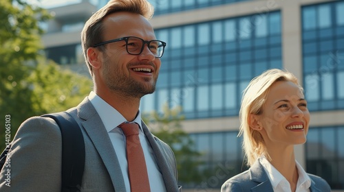 Obraz na płótnie A businessman and a woman are walking in the courtyard of a modern business center w salonie
