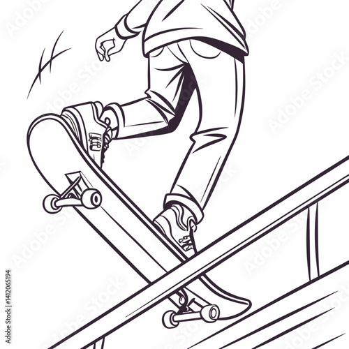 Line Art Skater Grinds On Rail Urban Scene Monochrome Skateboarder Action