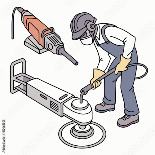 Worker Operating Grinding Machine Using Safety Mask And Hard Hat With Another Sander