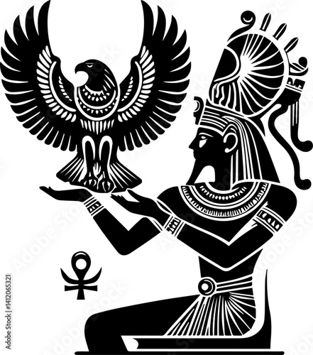 Ancient Egyptian god holding a falcon with ankh symbol  