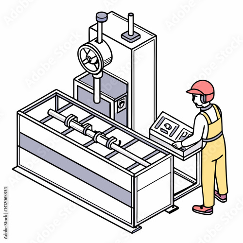 Factory Worker Operating Heavy Machinery Inside Manufacturing Plant In Isometric Style