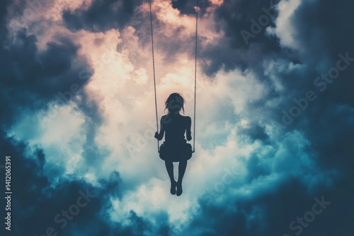 Obraz na płótnie A person on a swing high in the sky as if floating in the sky w salonie