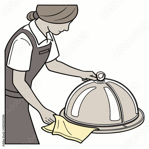 Waitress Preparing To Serve Food Under Cloche Cover With Yellow Napkin
