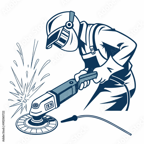 Welder With Protective Mask Grinding Metal Surface In Vector Illustration Format