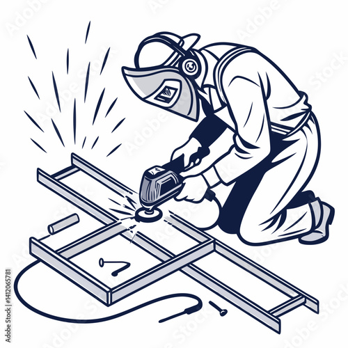 Welder Grinding Metal Frame Illustration Industrial Craftsman Worker Fabrication Process