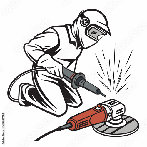 Vector Illustration Of Welder With Safety Equipment Grinding Metal With Tool