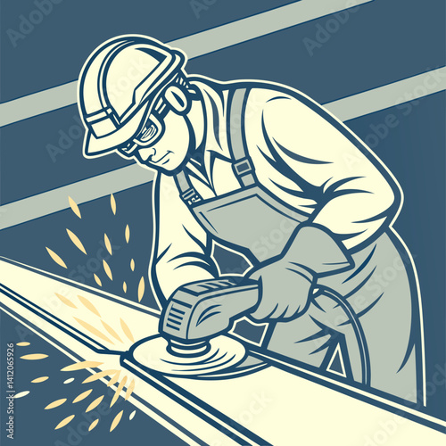 Construction Worker Grinding Steel Beam With Power Tool And Sparks Safety