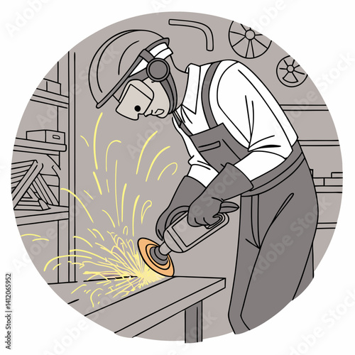 Worker Uses Grinder To Polish Metal Creating Sparks Line Art Illustration