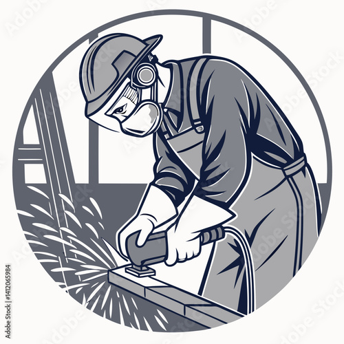 Metal Worker Grinding With Safety Gear Cartoon Illustration In Vector Format