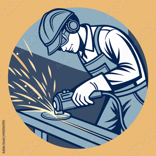 Construction Worker Grinding Metal With Protective Gear In Circular Design Illustration