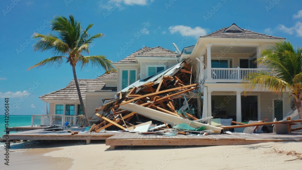 Fototapeta premium Beachfront house severely damaged with debris scattered around.