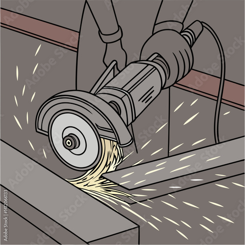 Angle Grinder Cutting Metal Illustration With Sparks And Safety Measures