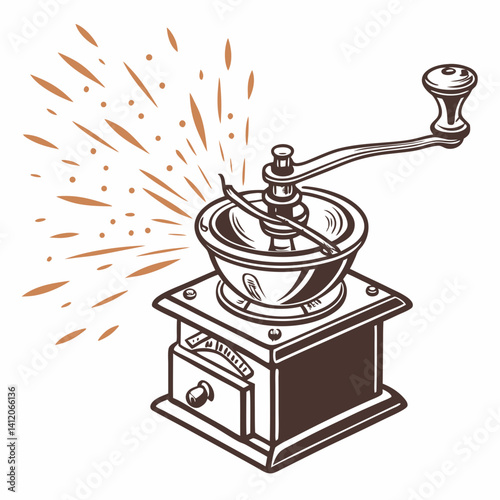 Detailed Illustration Of A Vintage Hand Cranked Coffee Grinder With Aroma
