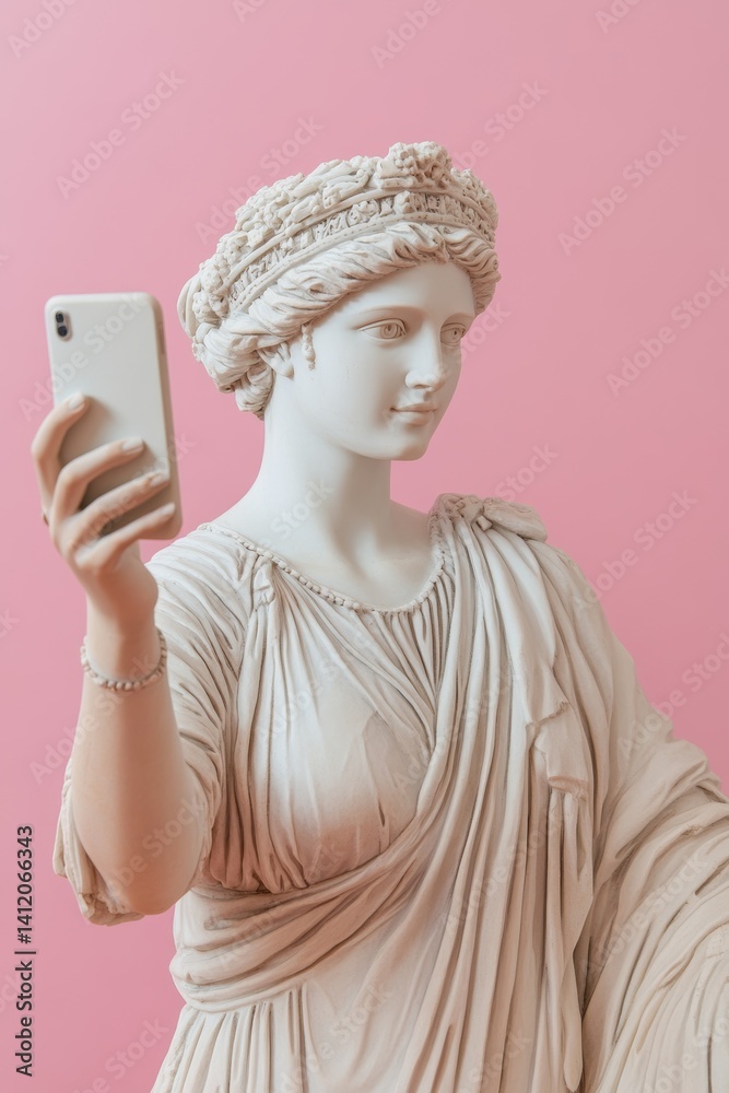 Ancient Greek sculpture of a woman with a mobile phone
