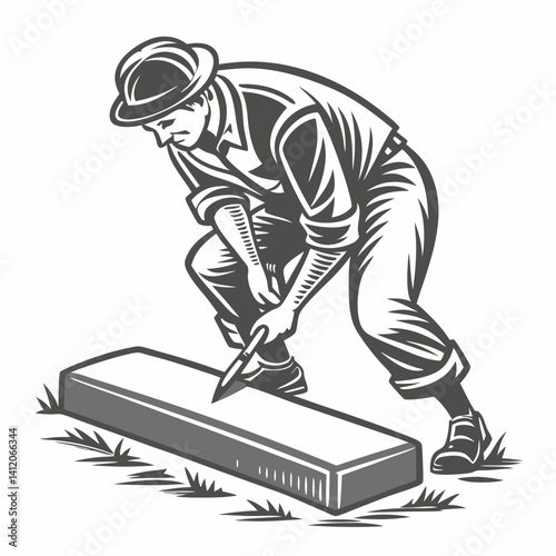 Stonemason Carving Stone With Chisel Vector Illustration Craftsmanship Profession