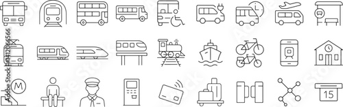 Vehicle public transport line icon set. Vector pictograms of metro, tram, monorail, ferry, bike, wheelchair, electric bus, thin linear illustration.