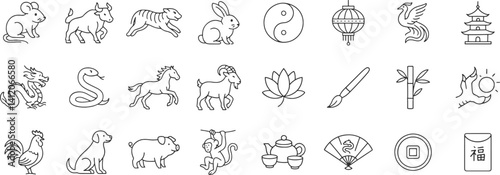 Chinese zodiac line icon set. Vector pictograms of tiger, rabbit, dragon, snake, horse, goat, phoenix, monkey, pearl, lotus, pagoda thin linear illustration.