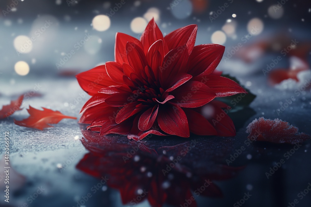 beautiful red flower growing from the snow