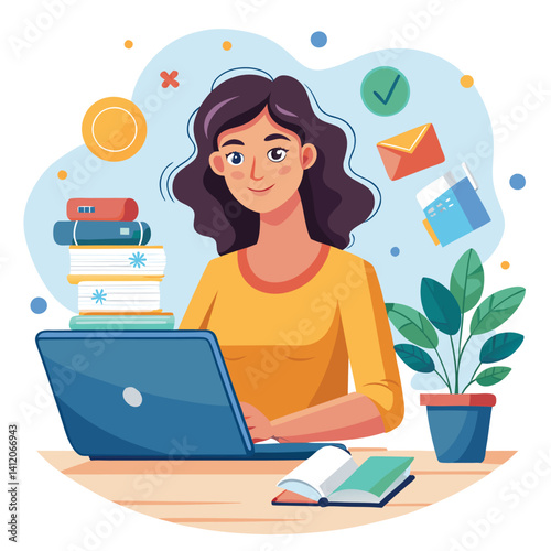 Woman working on laptop with documents and a plant