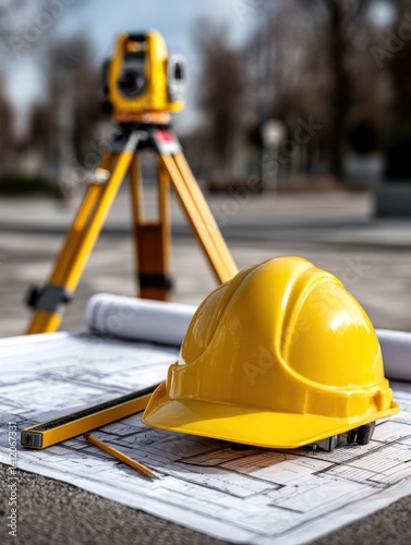 Bright yellow hard hat sits on blueprints, surveying equipment nearby - project constructor development measurement building