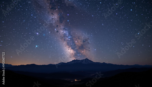 stunning night sky filled with stars and visible Milky Way over mountain range, creating serene