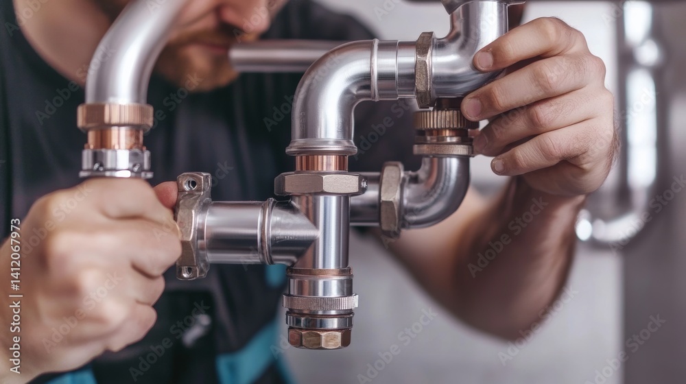 Worker fitting pipes for a new plumbing system in a residential building. Featuring skill and precision Worker fitting pipes for a new plumbing system in a residential building. Featuring skill and precision
