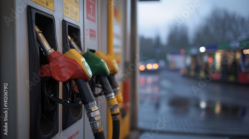 close-up of oil pump and nozzles at the gas station on the street in daylight