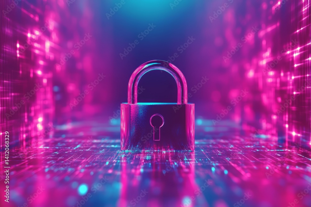 cyber security, metal lock stands on computer chip, digital background