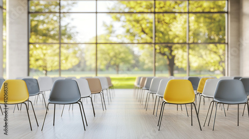 Empty seats in a classroom, symbolizing learning potential and quiet anticipation.