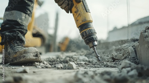 Worker handling a pneumatic drill for concrete demolition. Featuring power and precision