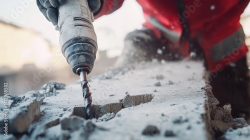 Worker handling a pneumatic drill for concrete demolition. Featuring power and precision