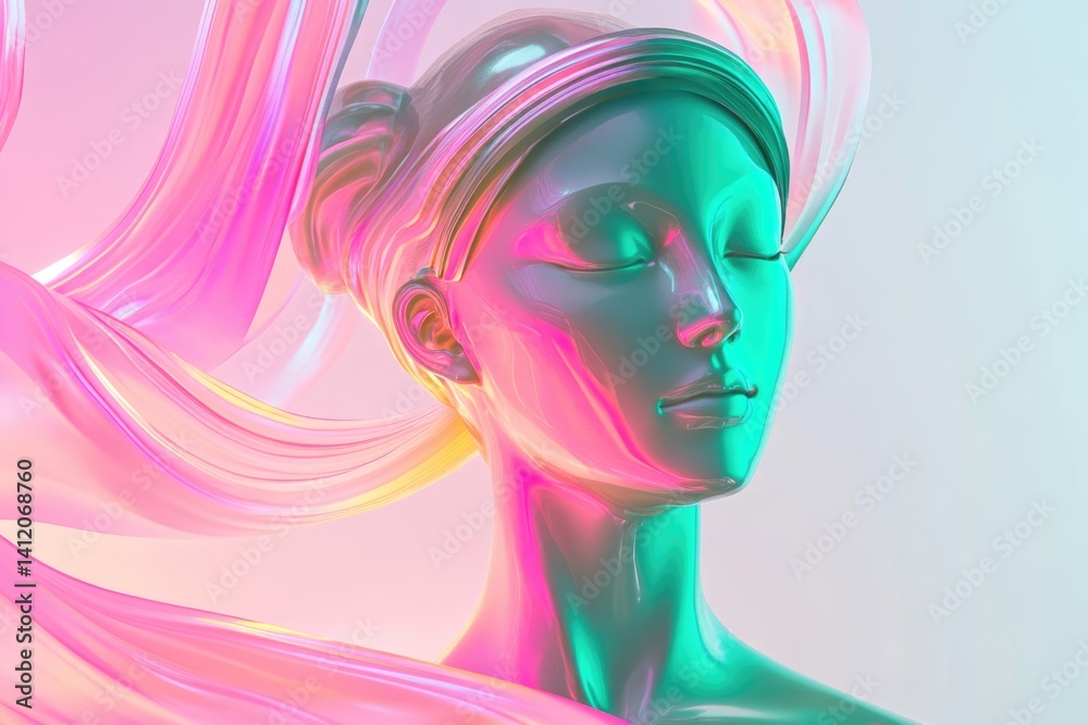 Serene iridescent sculpture of a woman's face, adorned with flowing, vibrant pink and teal abstract forms. Serene iridescent sculpture of a woman's face, adorned with flowing, vibrant pink and teal abstract forms.