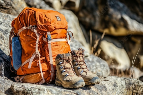 Obraz na płótnie Essential Gear and Accessories for Mountain Hiking in the Wilderness Camping w salonie