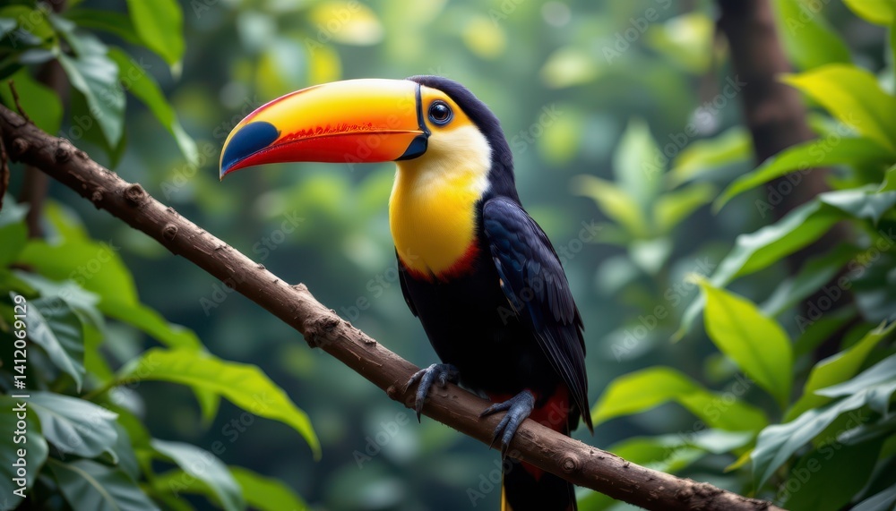 Obraz premium Vibrant toucan perched on branch amidst lush greenery in tropical rainforest, showcasing bright colors and striking features
