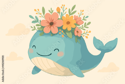 Floral whale delight: charming whale with floral crown perfect for children's decor