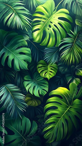 Tropical Green Leaves Mobile Wallpaper Lush Foliage with Varied Shapes & Sizes | Vertical HD Background