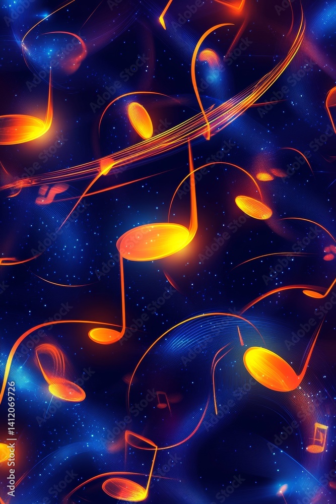 glowing orange music symbols on blue gradient background, poster