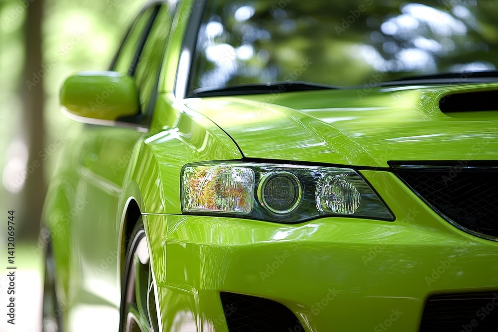 green car on the road in the green spring forest