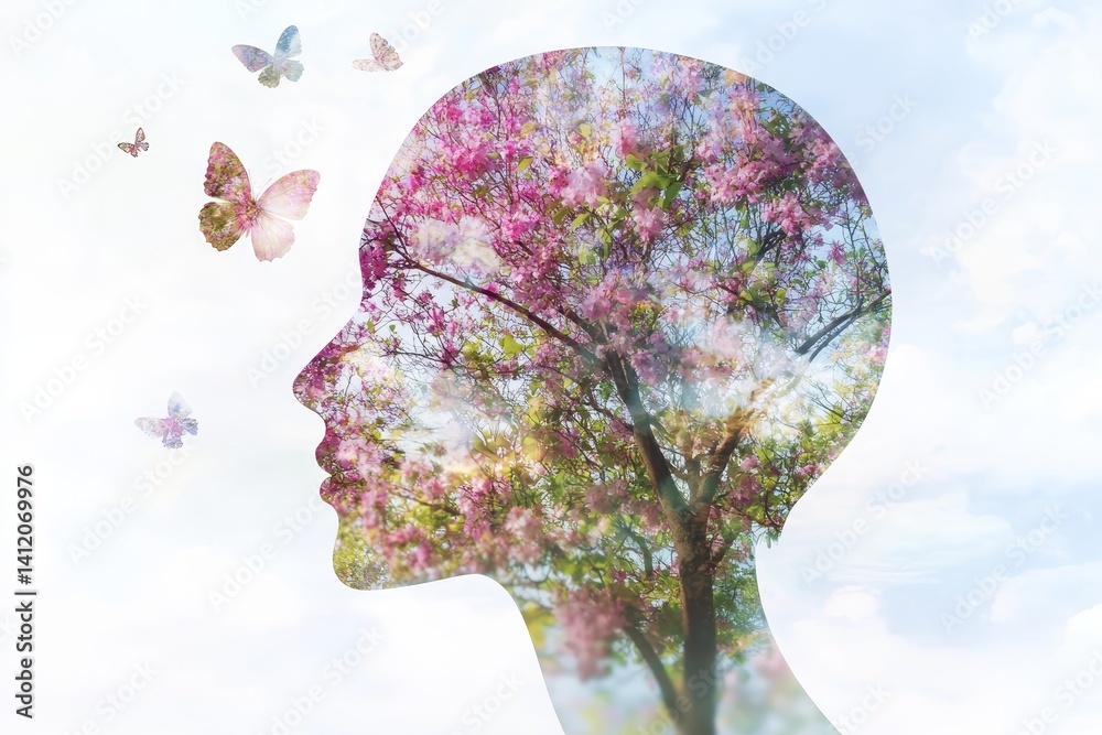 Head with flowers and butterflies, positive creative thinking, self care and mental health concept
