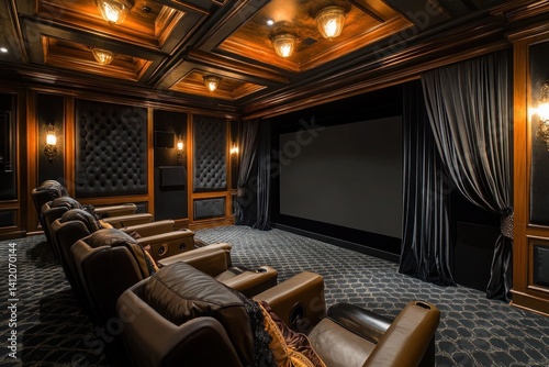An opulent home theater with plush leather recliners and a massive 8K screen. The soft lighting, rich velvet curtains, and state-of-the-art sound system redefine elite entertainment. A couple enjoys a