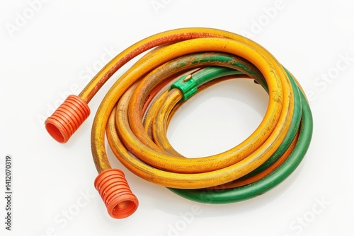 A colorful garden hose coiled neatly, ready for watering plants in a vibrant backyard setting isolated on transparent background