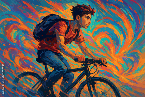 Vibrant bicycle journey with dynamic swirls - energetic travel concept art