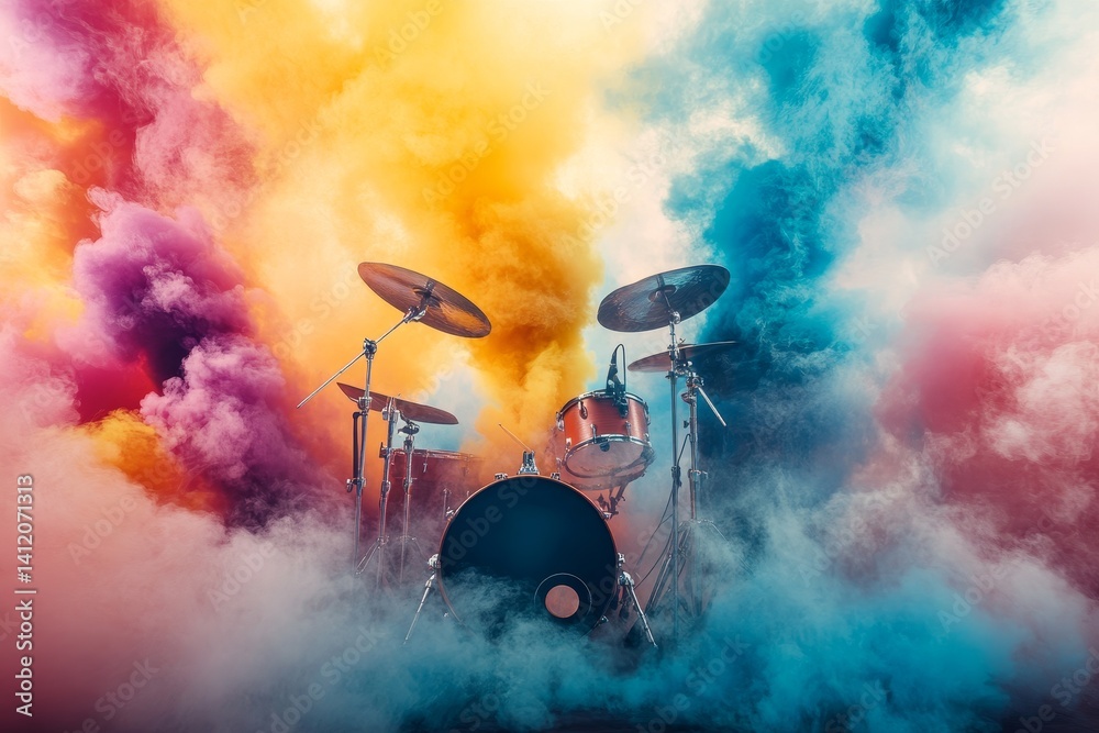 rock music instruments exploding with colorful smokes